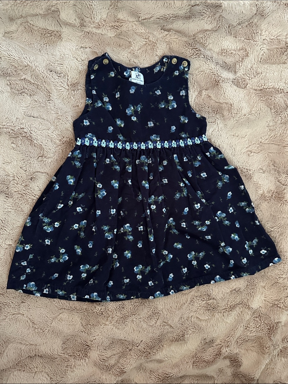 Vintage Girls Navy Blue Floral Dress with Smocked Waist, 18-24 months